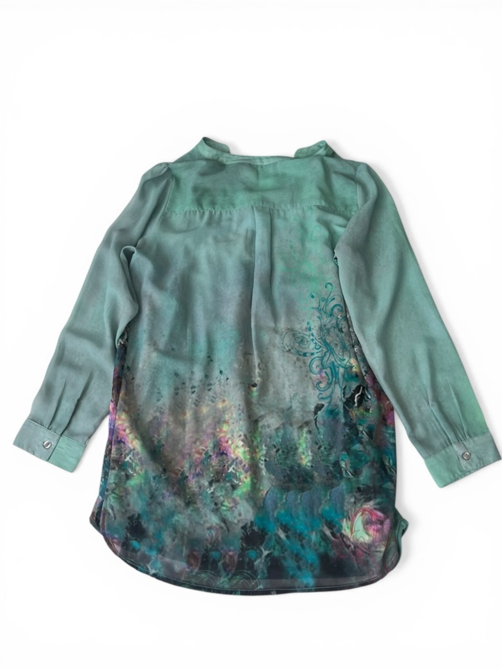 Soft Surroundings Women’s NWT Aqua Teal Floral Watercolor Button-Front Blouse PM - Picture 2 of 9